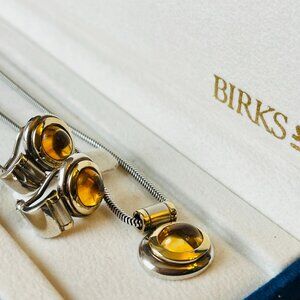Birks Sterling Silver and 18 Kt Yellow Gold Citrine Pendant, Chain and Earrings
